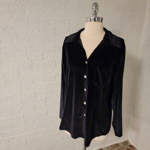 vintage black velour stretch button down  shirt 70s 90s animal python print M
